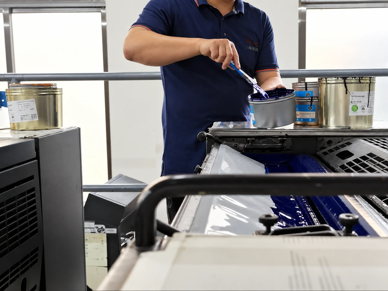 An operator in a PrintBar uniform working ink with a spatula in a tin on the press An operator in a PrintBar uniform working ink with a spatula in a tin on the press