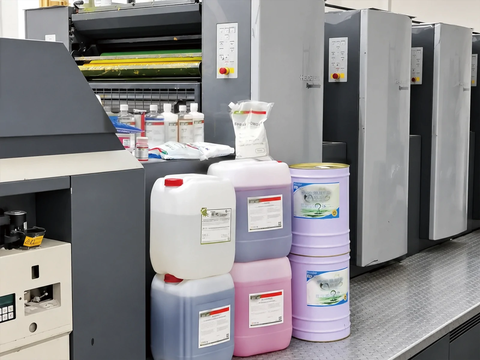White jerry cans and lidded pails of pressroom consumables stacked in front of an offset press White jerry cans and lidded pails of pressroom consumables stacked in front of an offset press