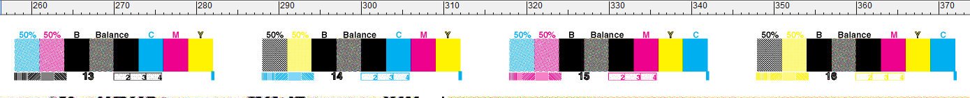Offset printing quality control with Brunner control strip: 50% halftone patches, C/M/Y/K color bars, and dot gain measurement. Problem press shows low dot gain, while other presses have no slur or doubling issues.