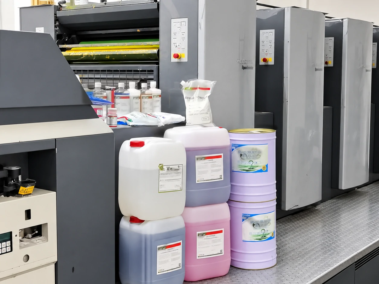 White jerry cans and lidded pails of pressroom consumables stacked in front of an offset press White jerry cans and lidded pails of pressroom consumables stacked in front of an offset press