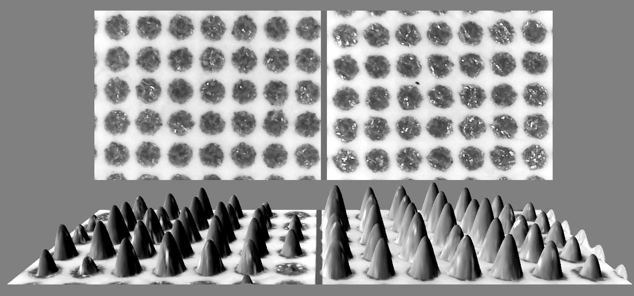 Side-by-side comparison of offset halftone dots: 8% dot gain (left) vs 14% dot gain (right), with 2D micrographs and 3D ink film thickness plots.