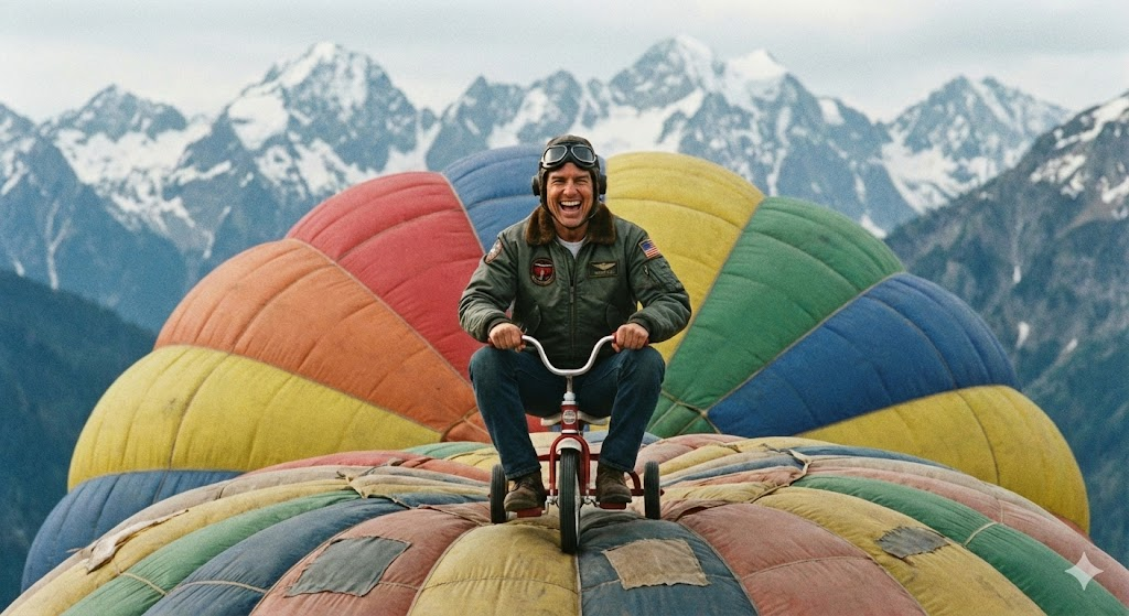 A man on a children's bicycle riding inside a hot air balloon