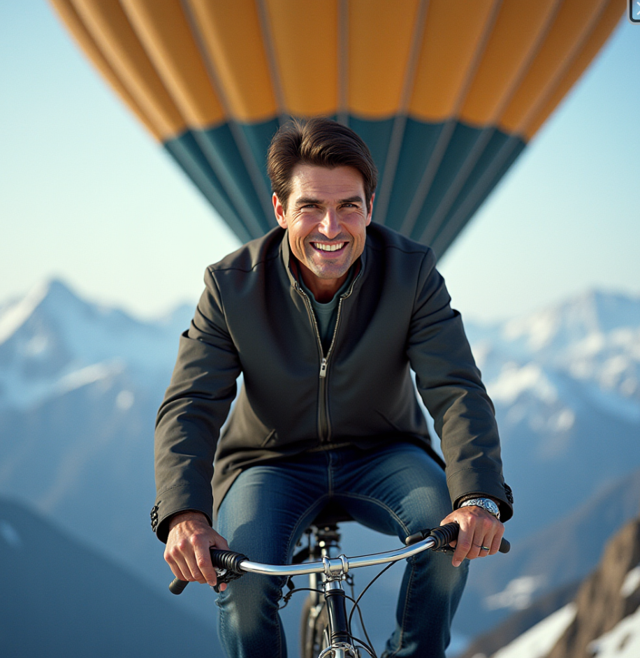 A man on a children's bicycle riding inside a hot air balloon