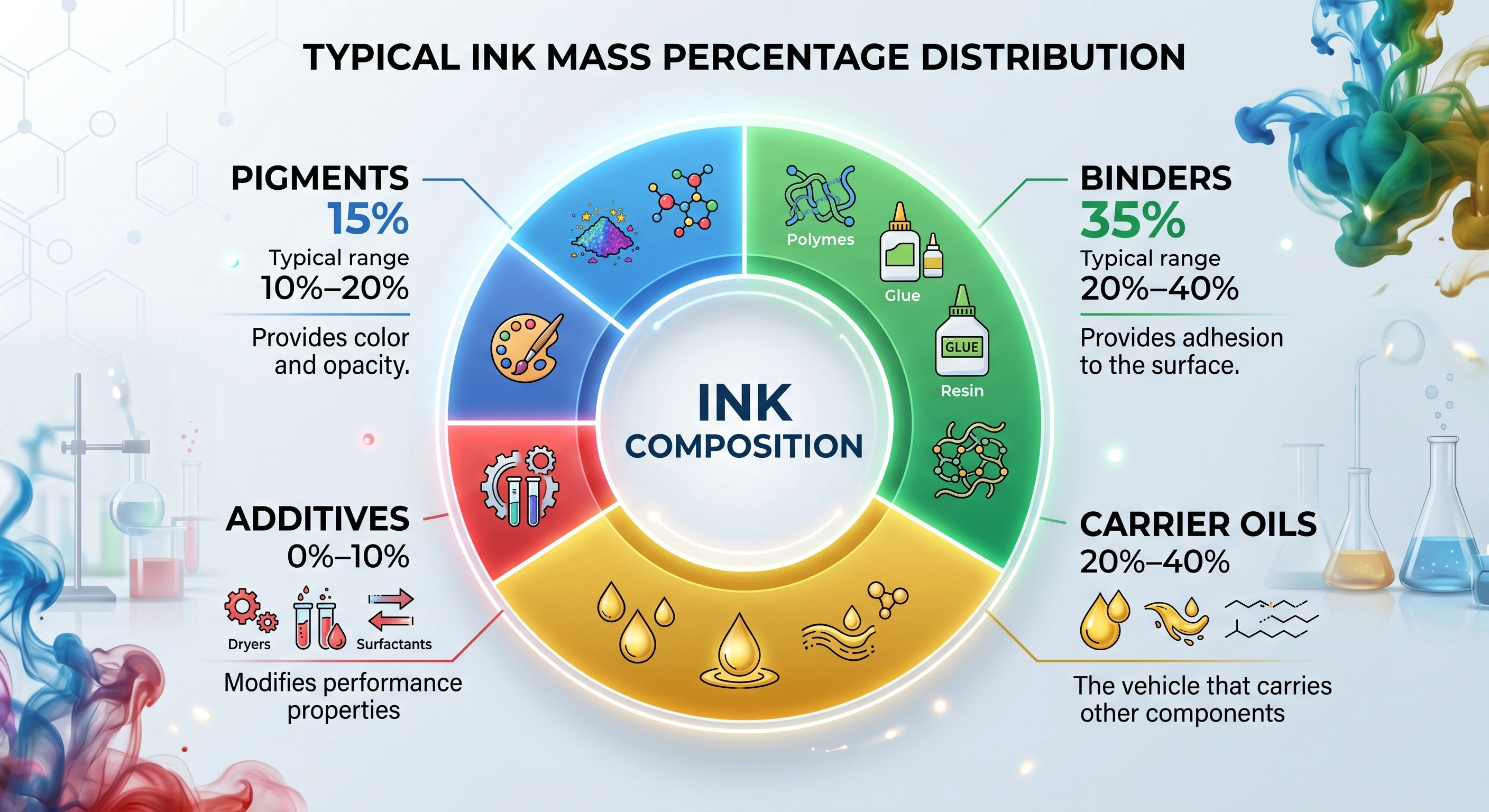 Offset printing ink composition breakdown: pigments, binders, solvents, and additives percentages