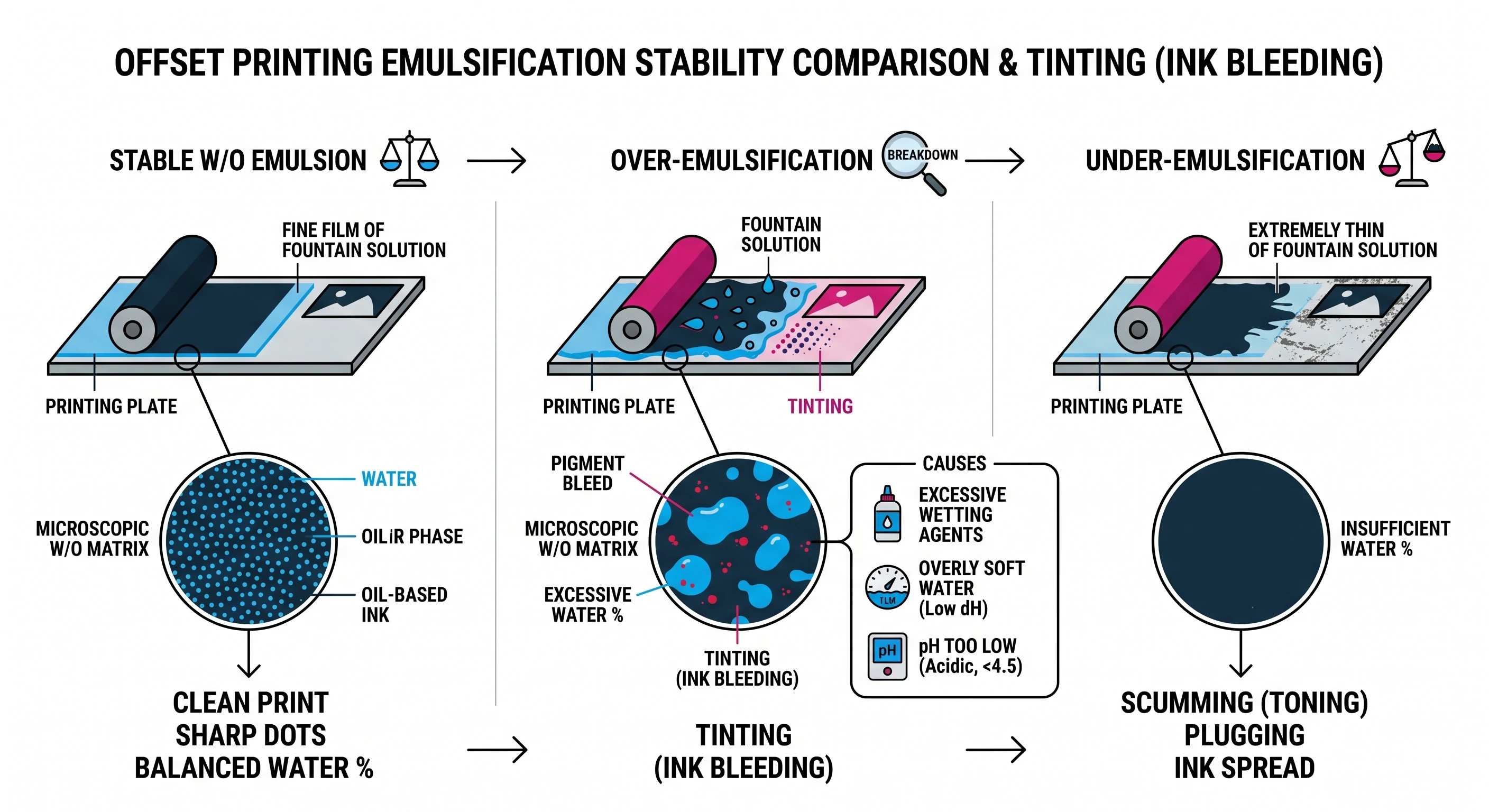offset printing：Stable W/O emulsion vs over-emulsification vs under-emulsification comparison